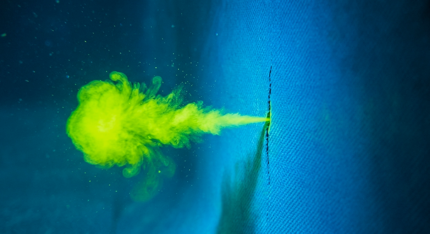 Colorant fluorescent vert aspiré vers une microfissure d'un liner de piscine, révélant le trajet de l'eau sous éclairage UV