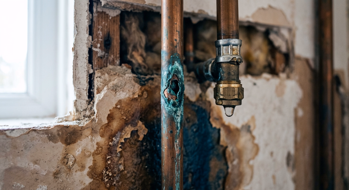 Canalisation cuivre encastrée avec piqûre de corrosion verdâtre et auréole d'humidité, à côté d'un raccord PER mal serti qui goutte