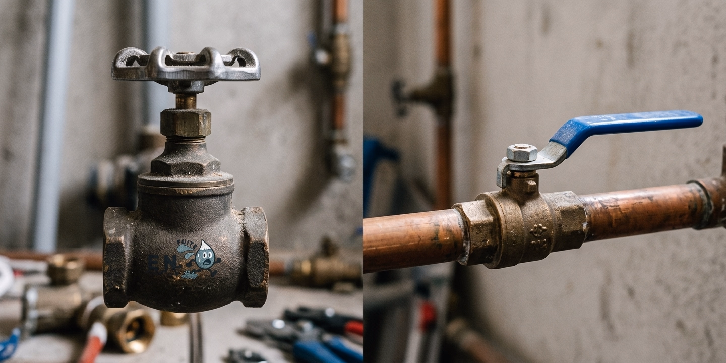 Les deux types de robinets d'arrêt d'eau domestiques : robinet à tête de potence en laiton et vanne quart-de-tour à levier sur tuyau cuivre