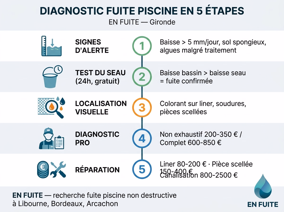 Infographie diagnostic fuite piscine en 5 étapes : 1) signes d'alerte (baisse > 5 mm/jour) 2) test du seau 24h gratuit 3) localisation visuelle au colorant 4) diagnostic professionnel 200-850 € 5) réparation liner 80-200 €, pièce scellée 150-400 €, canalisation 800-2500 € — EN FUITE Gironde