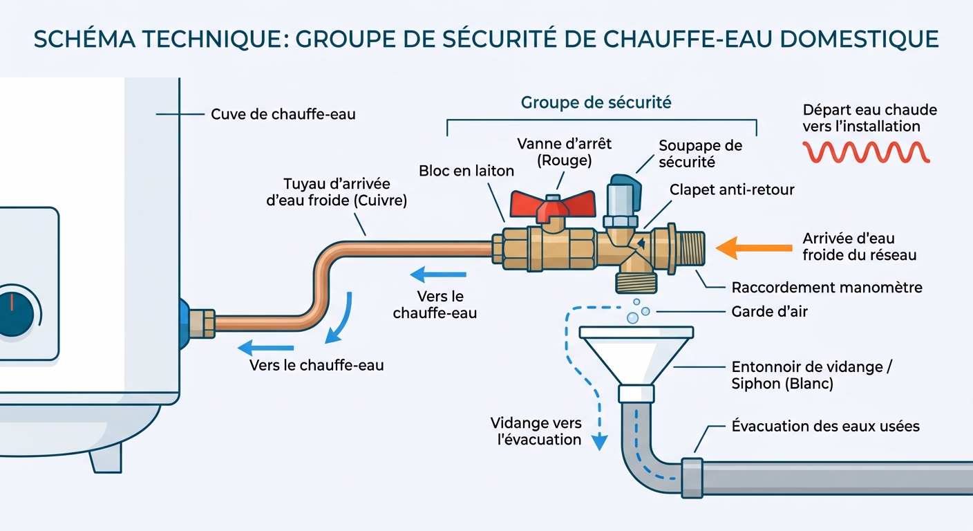 Schéma d'un groupe de sécurité de chauffe-eau avec soupape, vanne d'arrêt, entonnoir de vidange et raccordement à l'eau froide