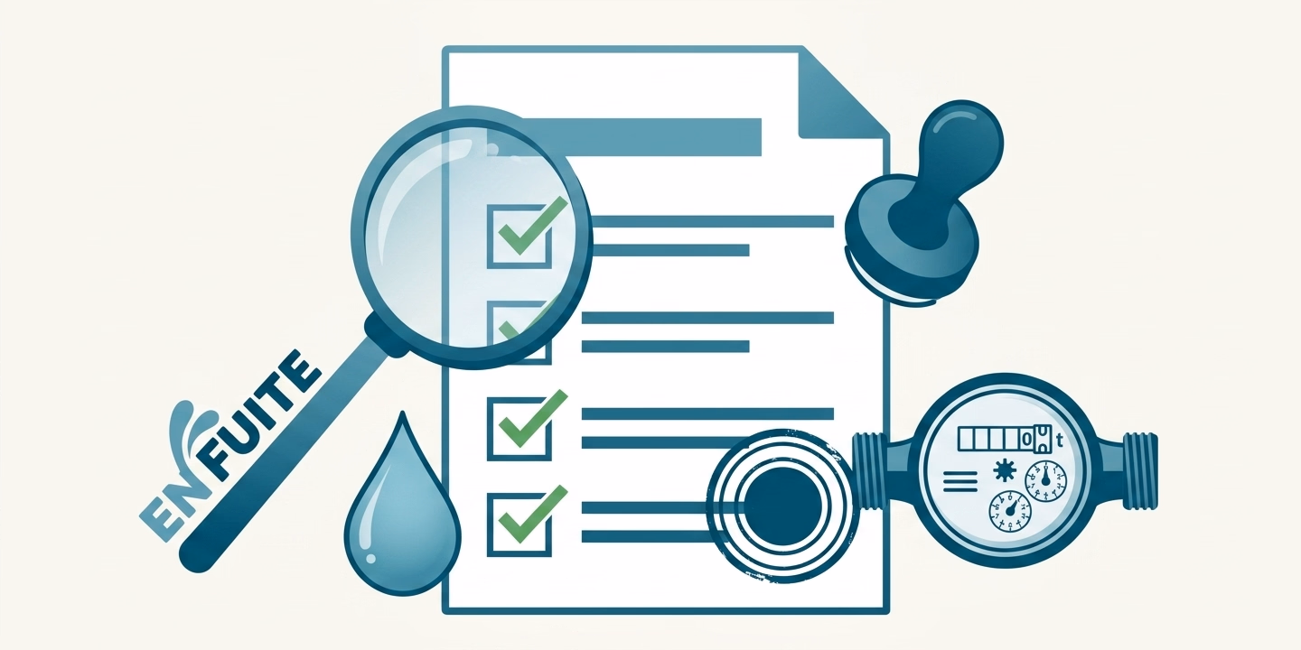 Checklist des mentions obligatoires d'une attestation de réparation de fuite : SIRET, date de réparation, localisation sur canalisation, relevé compteur