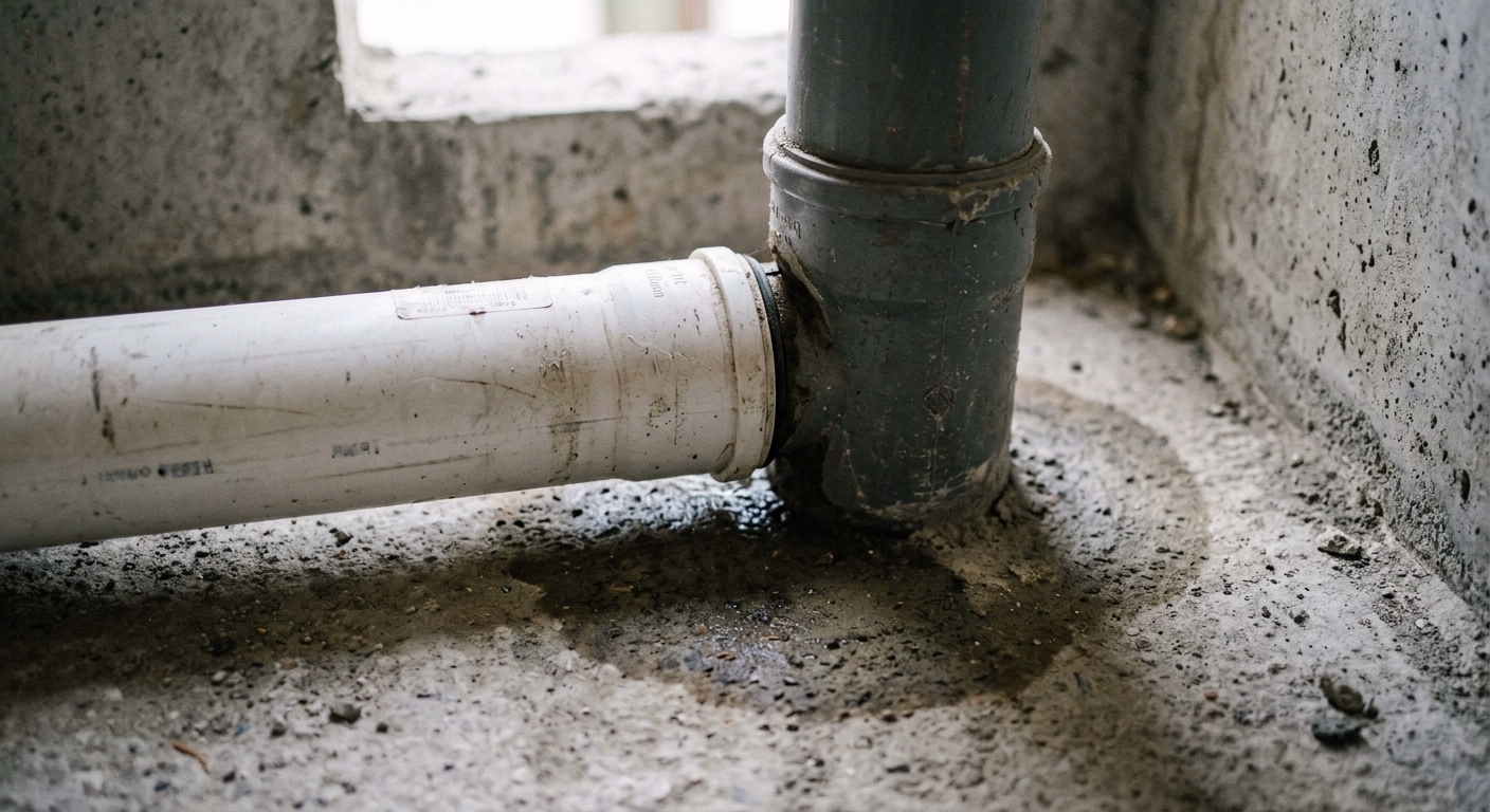 Raccordement (culotte) entre canalisation privative horizontale et colonne de chute commune verticale avec trace de fuite au joint encastré en copropriété