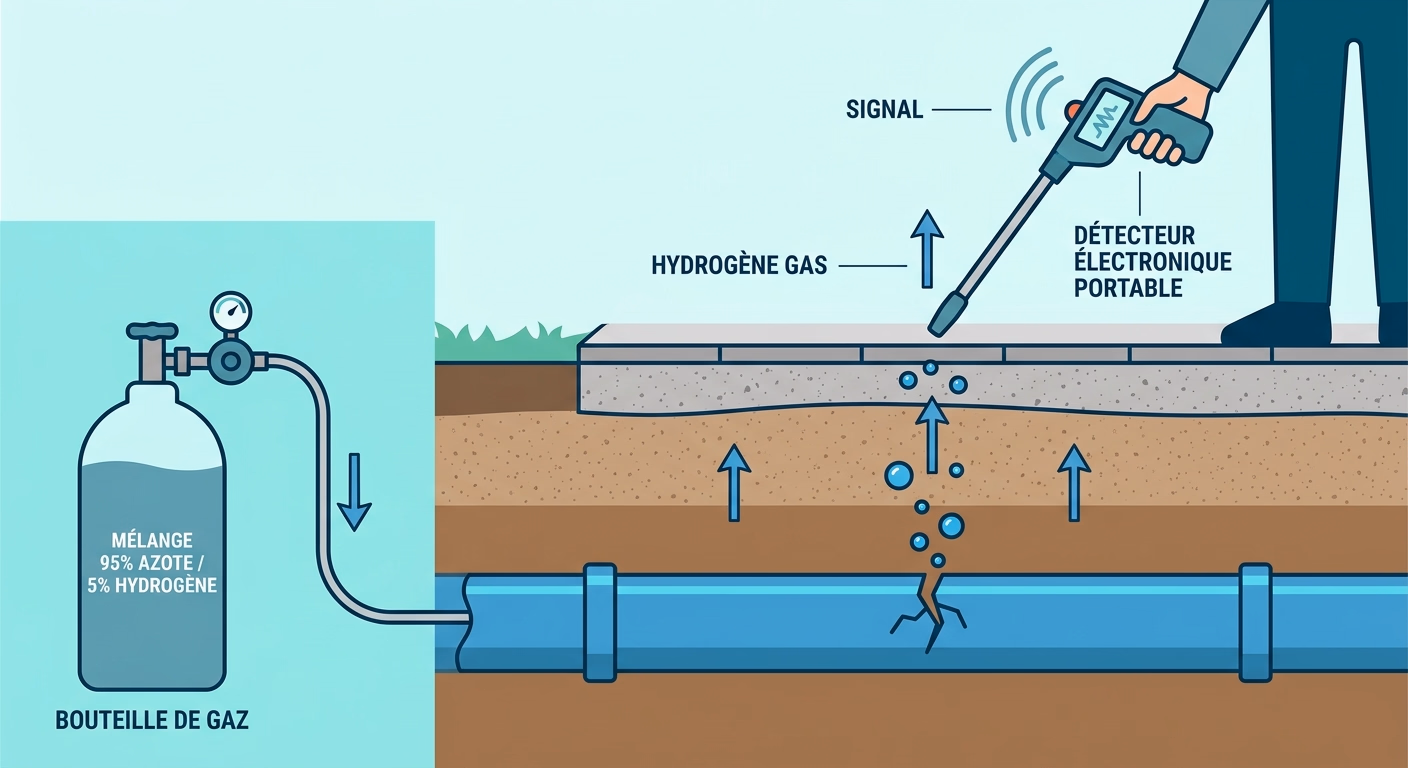 Schéma en coupe du principe du gaz traceur : injection du mélange azote-hydrogène 95/5 dans une canalisation enterrée, remontée de l'hydrogène à la surface au point de fuite, captage par un détecteur électronique