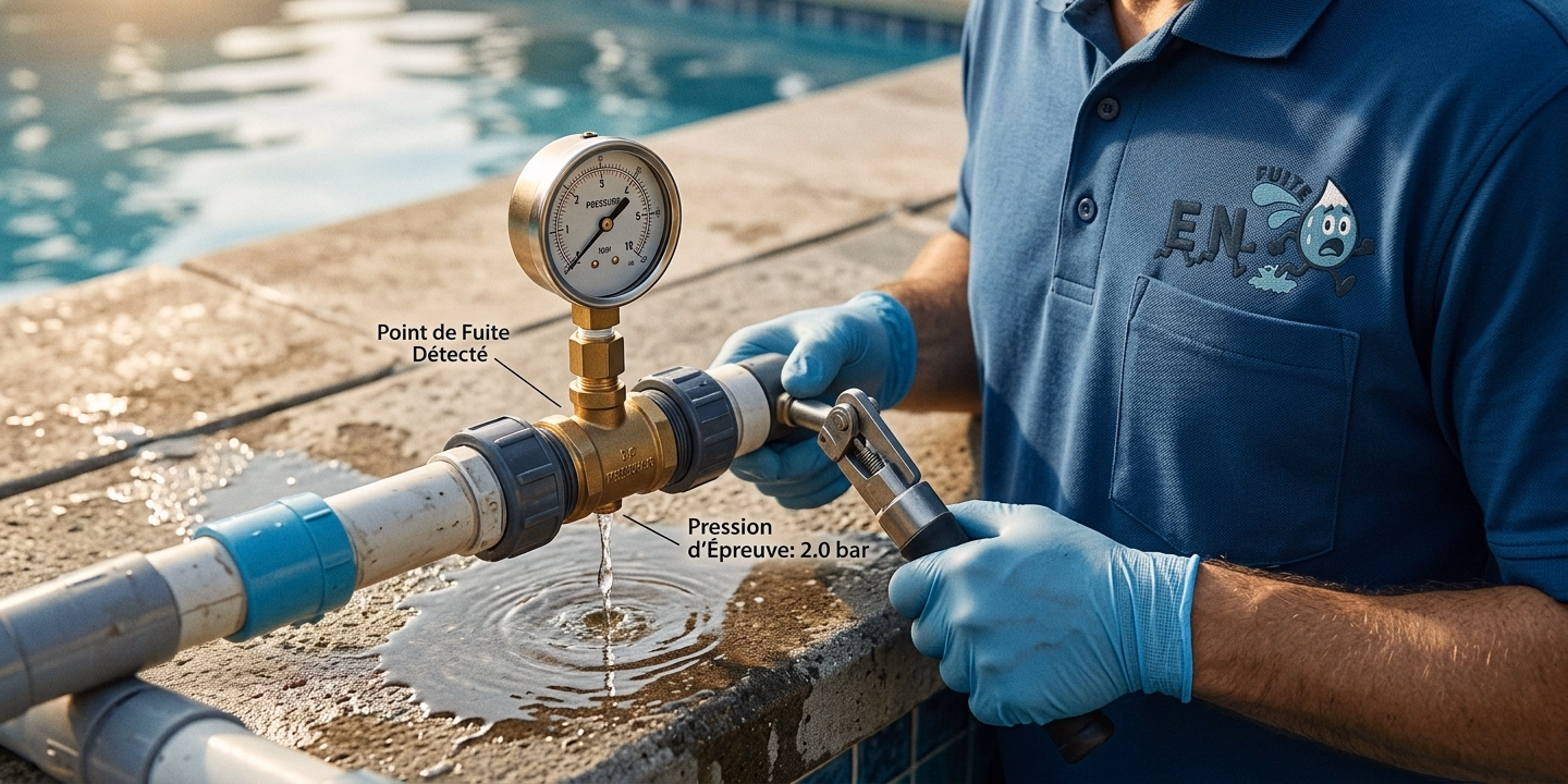 Schéma du test de pression d'une piscine : canalisations enterrées skimmer, refoulement et bonde de fond isolées par un bouchon obturateur, avec un manomètre mesurant la chute de pression sur le circuit qui fuit