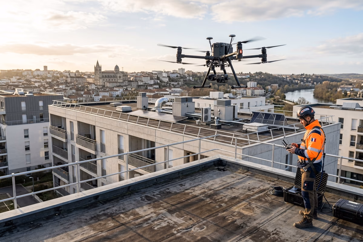 Drone thermique EN FUITE survolant une toiture-terrasse de copropriété à Ma Campagne, Angoulême