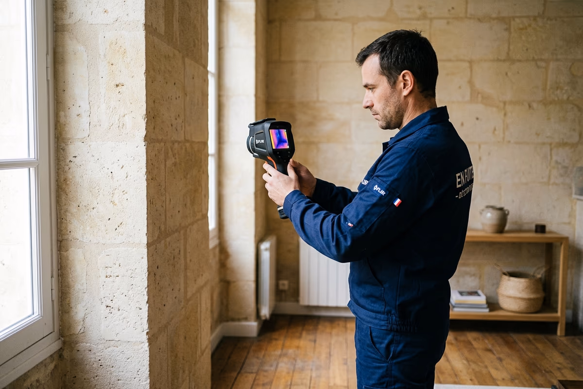 Technicien EN FUITE diagnostiquant une fuite dans une échoppe rénovée aux Chartrons, Bordeaux