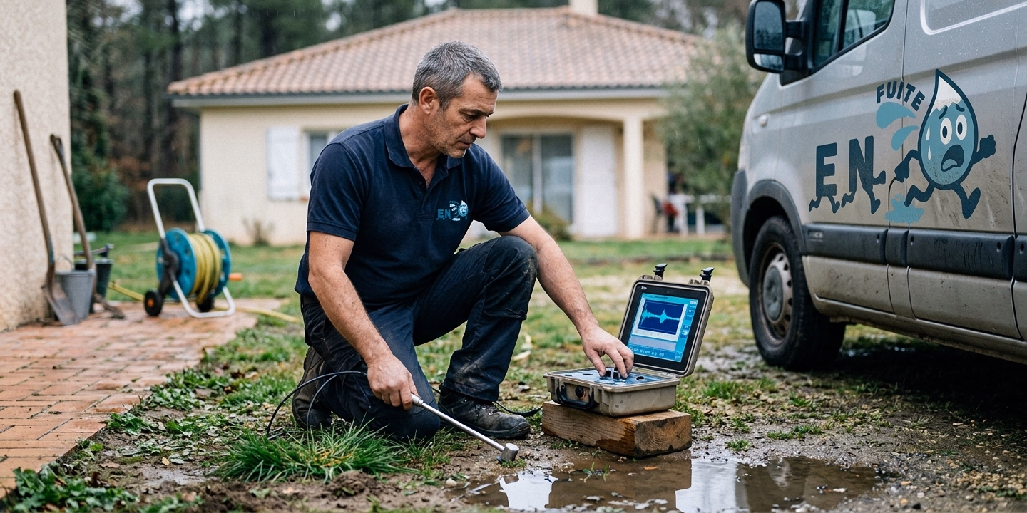 Technicien EN FUITE recherchant une fuite sur canalisation enterrée à Coutras, près de la confluence Isle-Dronne