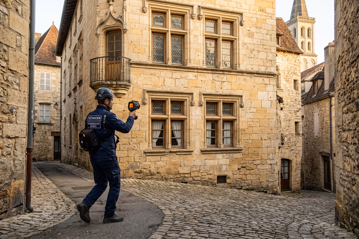 Technicien EN FUITE réalisant un relevé thermique sur hôtel particulier Puy-Saint-Front à Périgueux