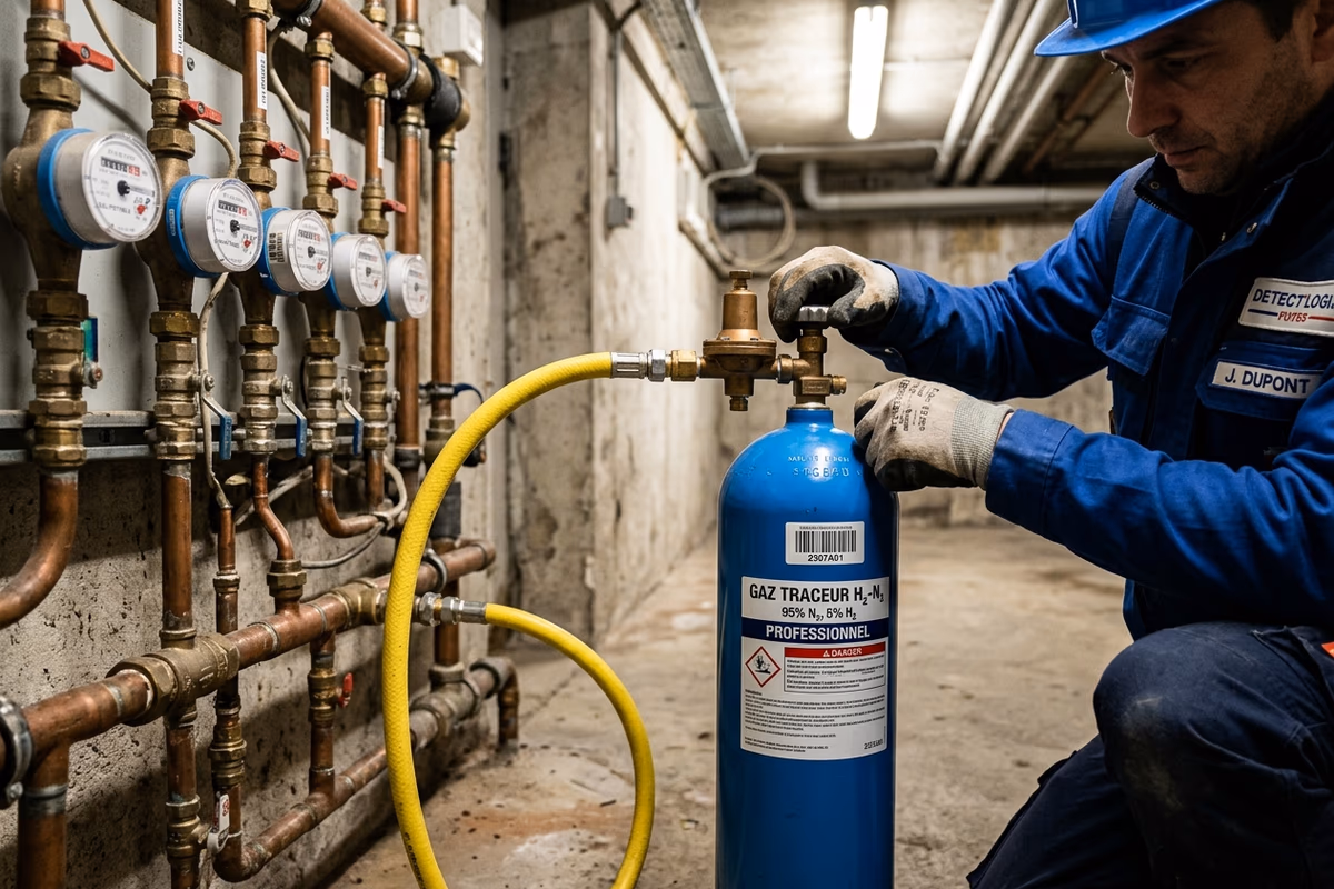 Bouteille de gaz traceur hydrogène-azote raccordée au réseau d'une copropriété bordelaise